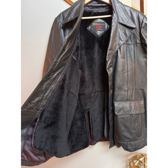 VTG Fantastic Intl. Mens Black Leather Coat Sz 46 LG Longline Zip Out Fur Lining - Picture 5 of 16
